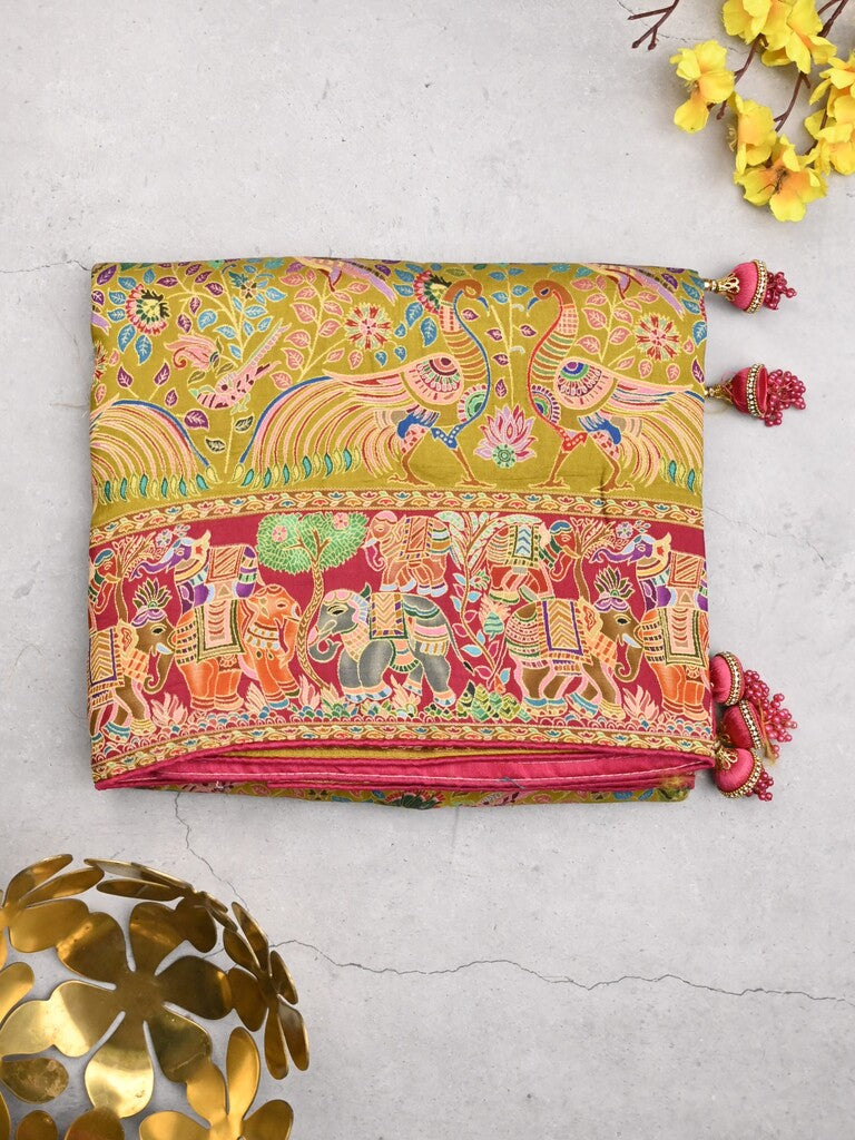 Dola silk fancy saree greenish yellow color allover weaves & weaving border with contrast pallu and attached blouse