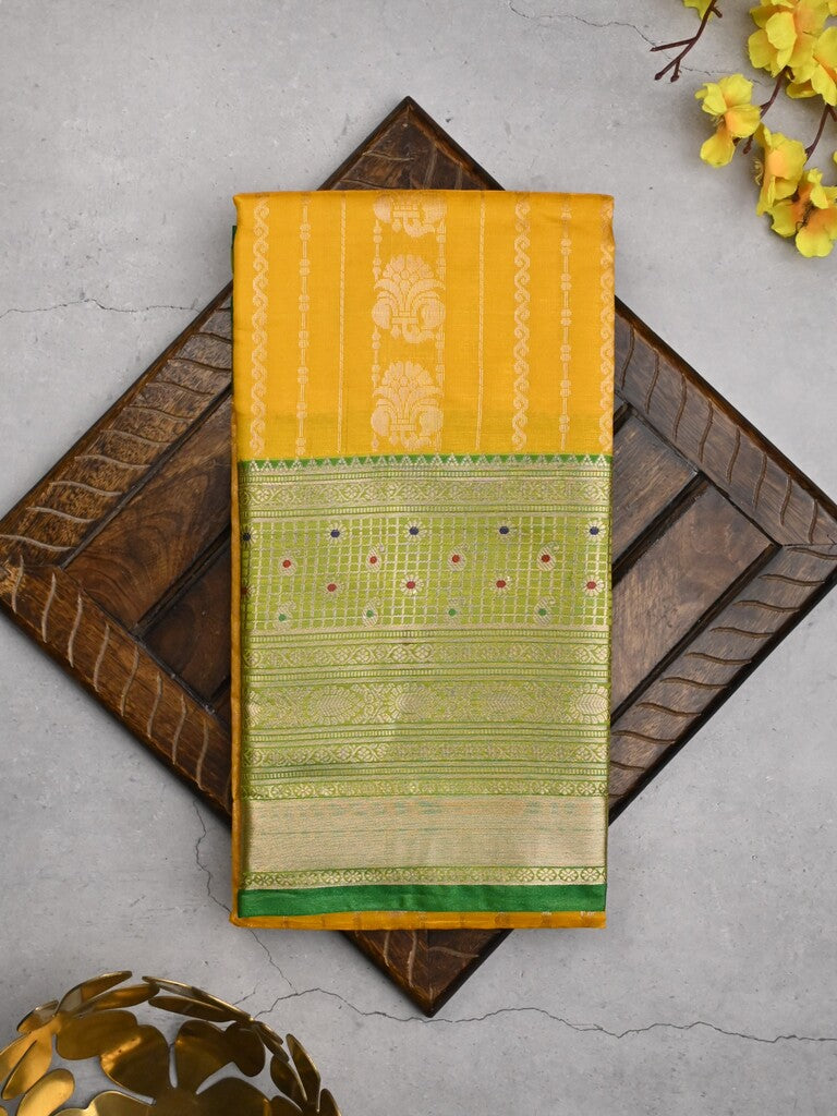 Banaras fancy saree yellow color allover zari motifs & zari border with rich contrast pallu and plain blouse