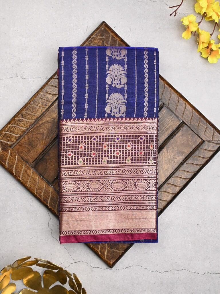 Banaras fancy saree royal blue color allover zari motifs & zari border with rich contrast pallu and plain blouse