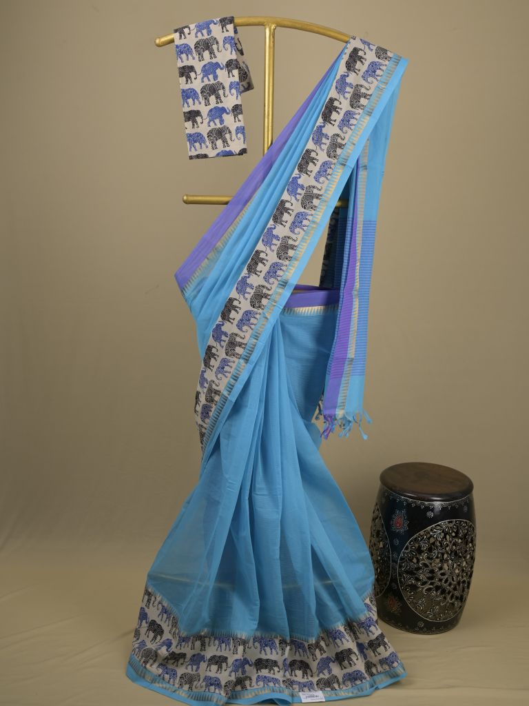 Mangalagiri cotton saree in sky blue color with kalamkari border and zari pallu & kalamkari blouse