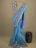 Mangalagiri cotton saree in sky blue color with kalamkari border and zari pallu & kalamkari blouse