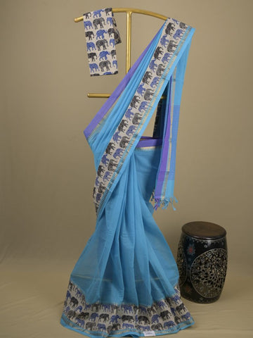 Mangalagiri cotton saree in sky blue color with kalamkari border and zari pallu & kalamkari blouse