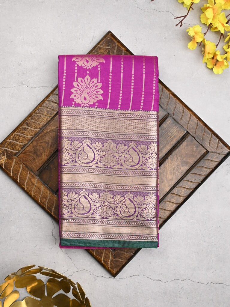 Banaras fancy saree purple color allover zari motifs & zari border with rich contrast pallu and plain blouse