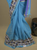 Mangalagiri cotton saree in sky blue color with kalamkari border and zari pallu & kalamkari blouse