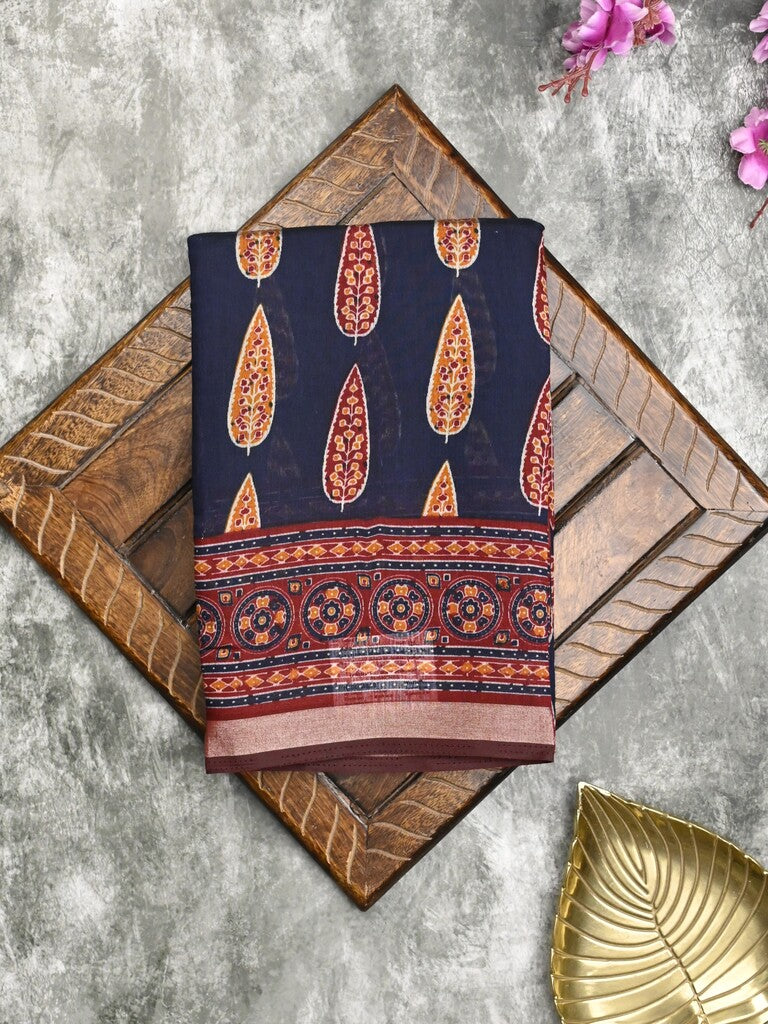 Maheshwari fancy saree navy blue color allover prints & printed zari border with printed pallu and contrast blouse