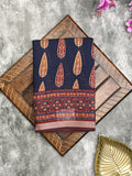 Maheshwari fancy saree navy blue color allover prints & printed zari border with printed pallu and contrast blouse