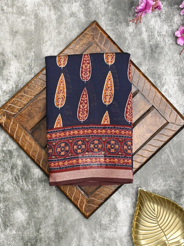 Maheshwari fancy saree navy blue color allover prints & printed zari border with printed pallu and contrast blouse