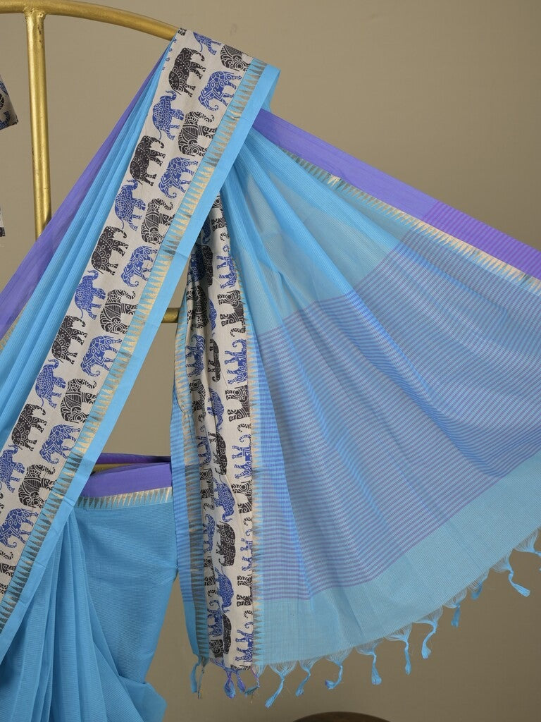 Mangalagiri cotton saree in sky blue color with kalamkari border and zari pallu & kalamkari blouse