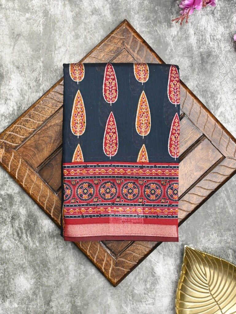Maheshwari fancy saree dark blue color allover prints & printed zari border with printed pallu and contrast blouse