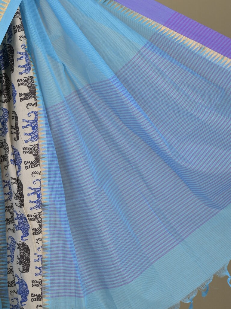 Mangalagiri cotton saree in sky blue color with kalamkari border and zari pallu & kalamkari blouse