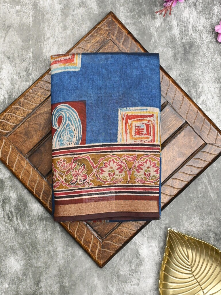 Maheshwari fancy saree royal blue color allover prints & printed zari border with printed pallu and contrast blouse