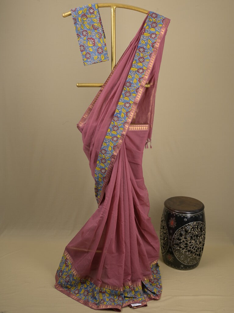 Mangalagiri cotton saree in onion pink color with kalamkari border and zari pallu & kalamkari blouse