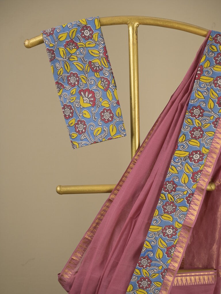 Mangalagiri cotton saree in onion pink color with kalamkari border and zari pallu & kalamkari blouse