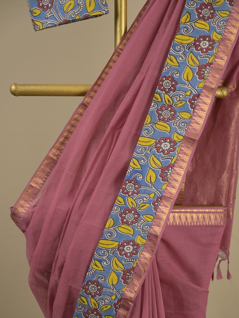 Mangalagiri cotton saree in onion pink color with kalamkari border and zari pallu & kalamkari blouse