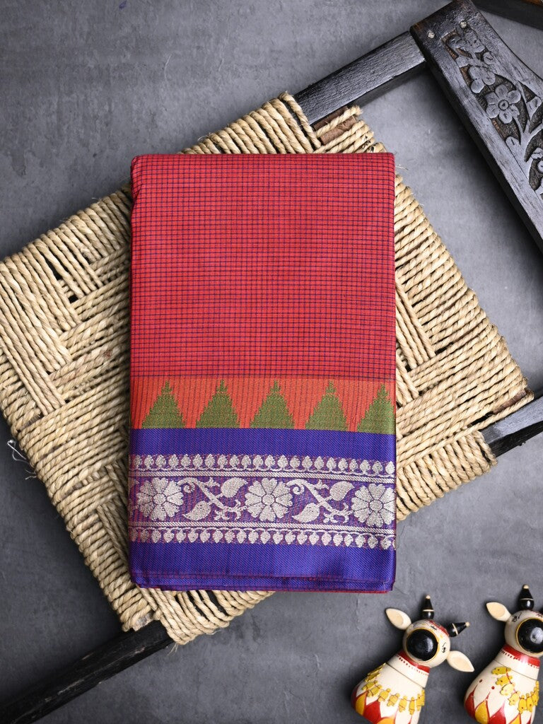 Dhaka cotton saree brown color allover plain & Small temple border with contrast pallu