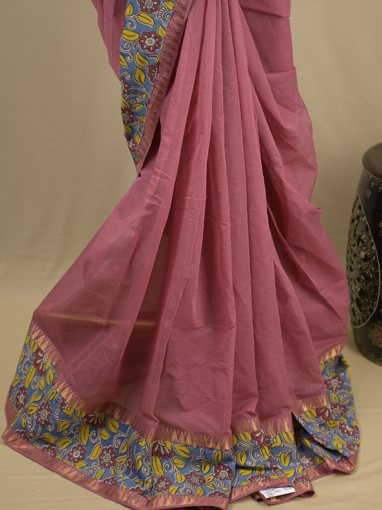 Mangalagiri cotton saree in onion pink color with kalamkari border and zari pallu & kalamkari blouse