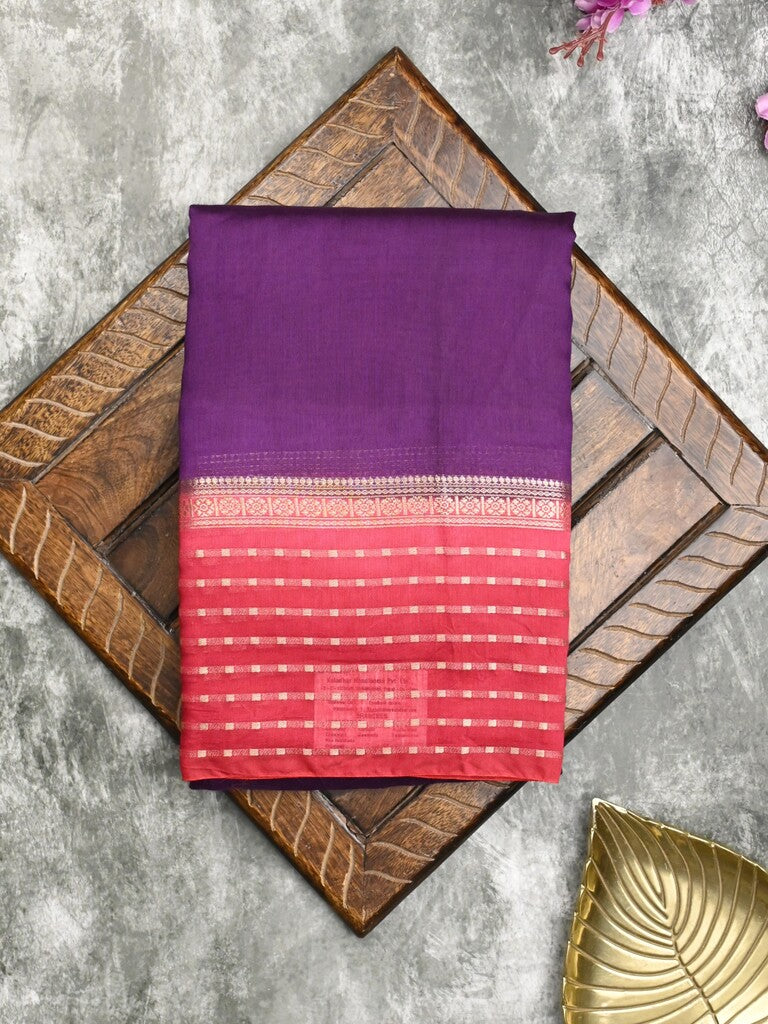 Maheshwari fancy saree violet color allover plain & zari border with zari pallu and contrast plain blouse