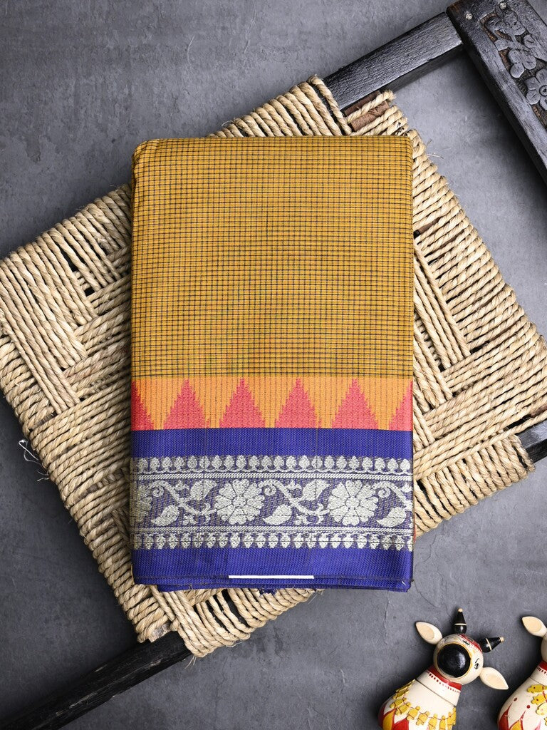 Dhaka cotton saree snuff color allover plain & Small temple border with contrast pallu