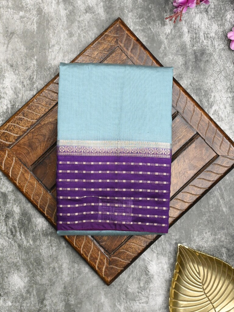 Maheshwari fancy saree sky blue color allover plain & zari border with zari pallu and contrast plain blouse