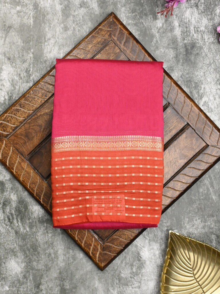 Maheshwari fancy saree dark pink color allover plain & zari border with zari pallu and contrast plain blouse