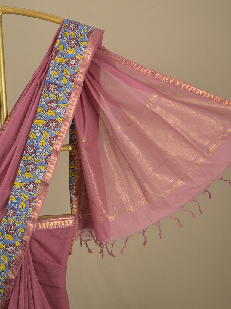 Mangalagiri cotton saree in onion pink color with kalamkari border and zari pallu & kalamkari blouse
