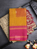 Dhaka cotton saree golden yellow color allover prints & Small kaddi border with contrast pallu and plain blouse