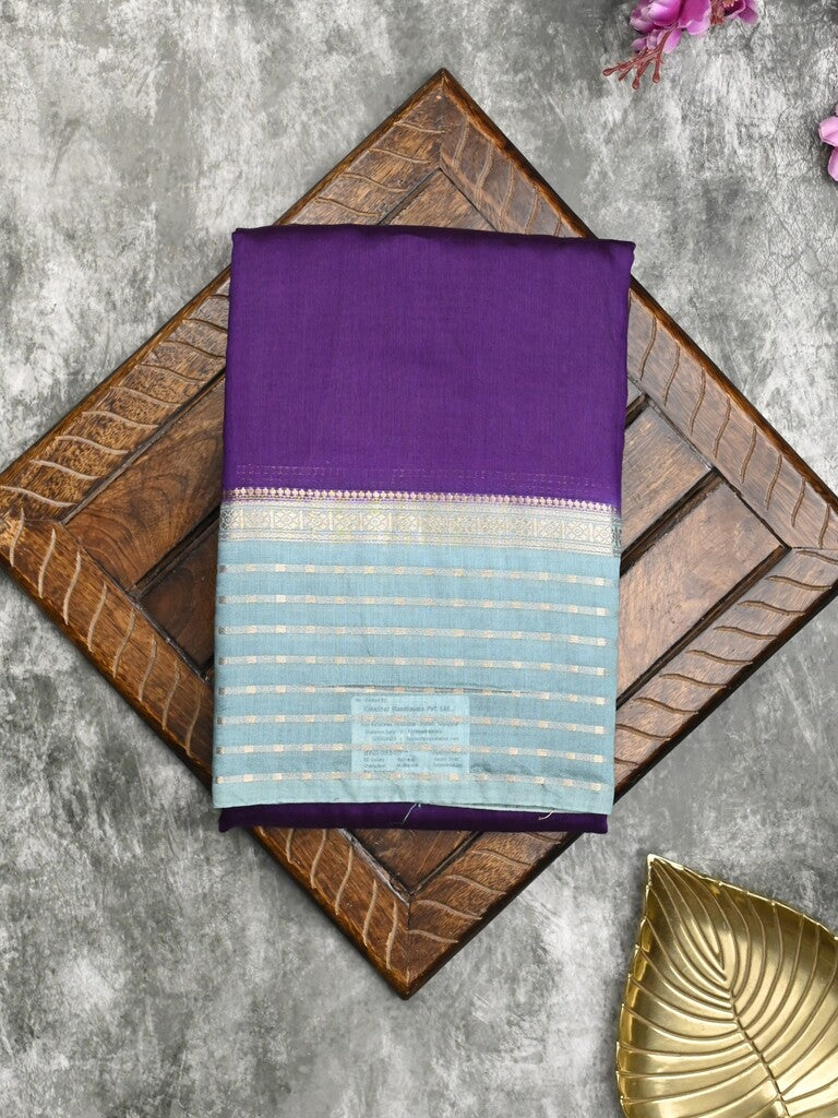 Maheshwari fancy saree dark blue color allover plain & zari border with zari pallu and contrast plain blouse