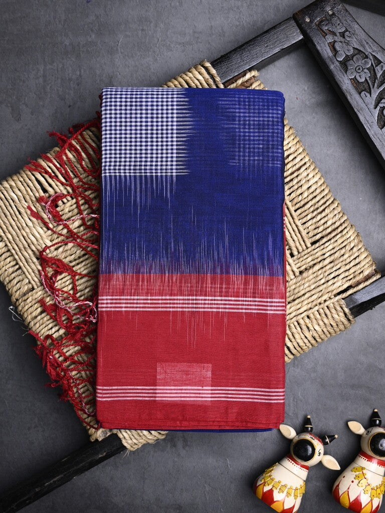 Dhaka cotton saree navy blue color allover prints & Small kaddi border with contrast pallu and plain blouse