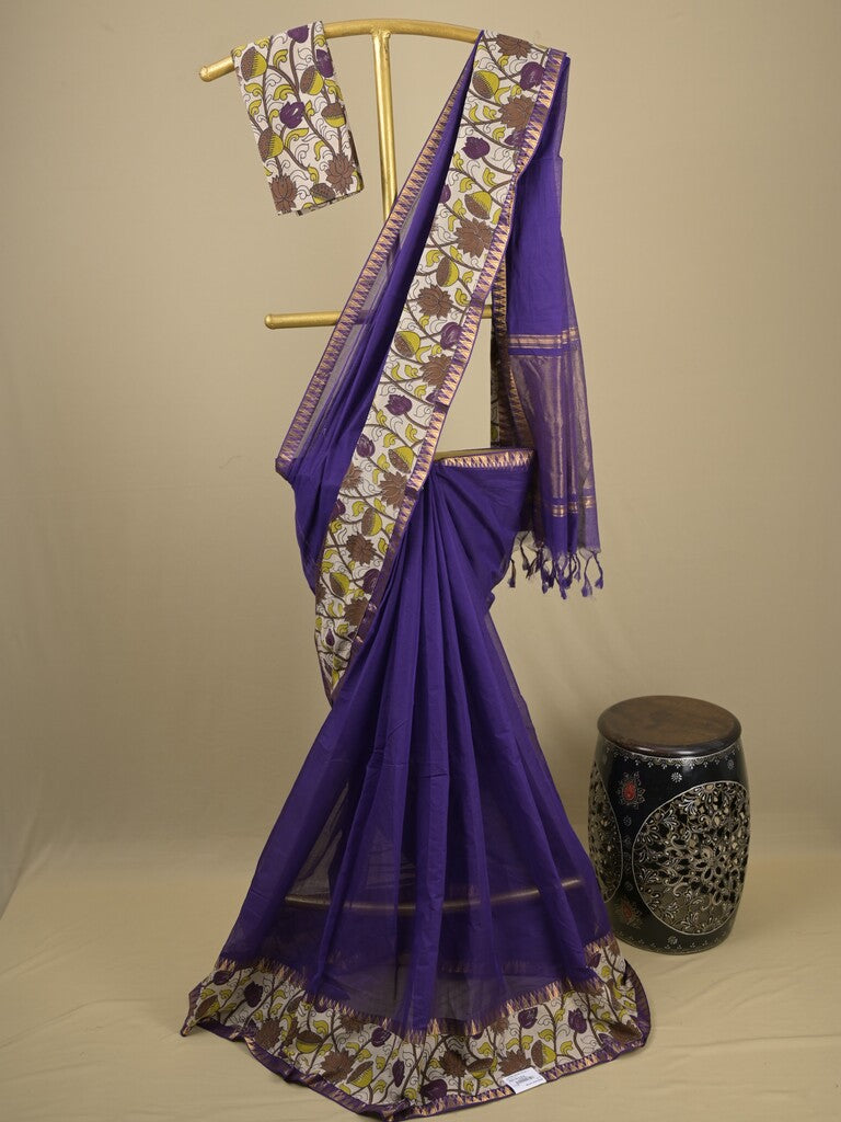 Mangalagiri cotton saree in royal blue color with kalamkari border and zari pallu & kalamkari blouse