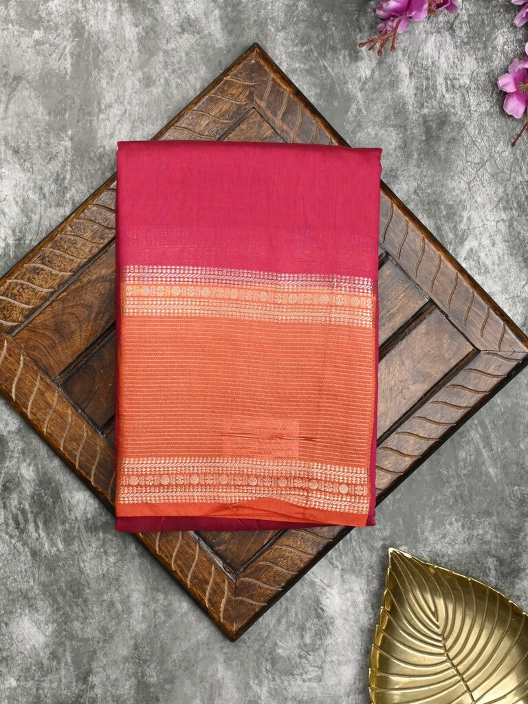 Maheshwari fancy saree cherry pink color allover plain & zari border with zari pallu and contrast plain blouse