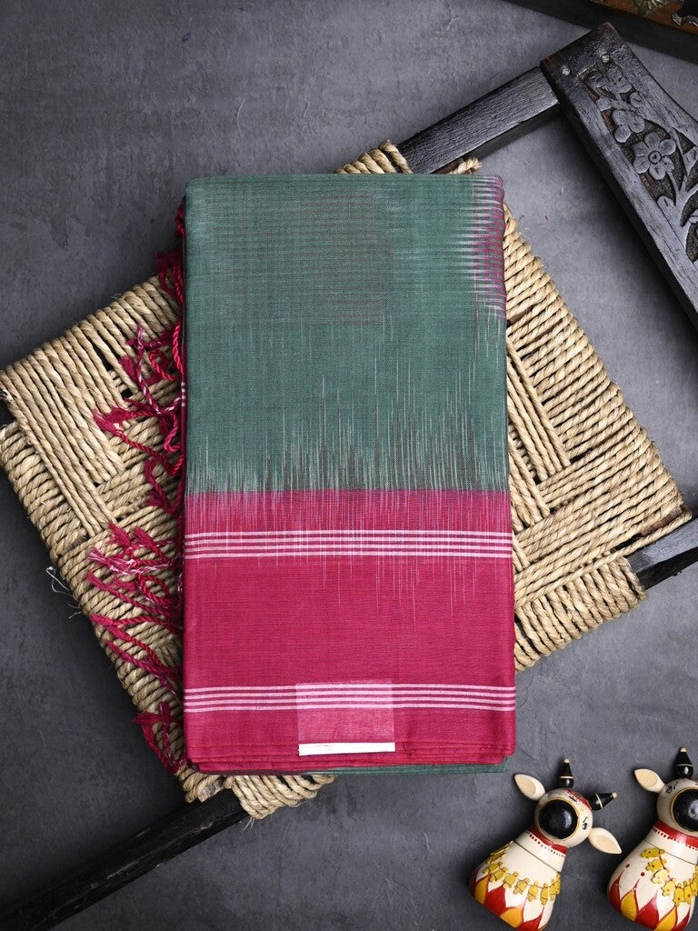 Dhaka cotton saree grey color allover prints & Small kaddi border with contrast pallu and plain blouse