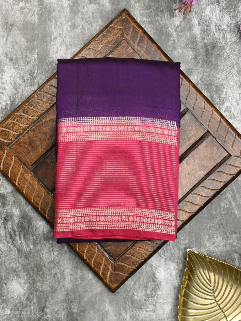 Maheshwari fancy saree violet color allover plain & zari border with zari pallu and contrast plain blouse