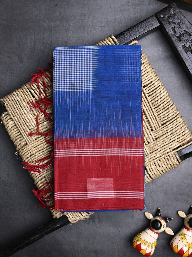 Dhaka cotton saree royal blue color allover prints & Small kaddi border with contrast pallu and plain blouse