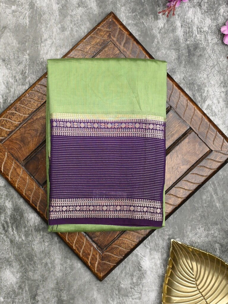 Maheshwari fancy saree pista green color allover plain & zari border with zari pallu and contrast plain blouse
