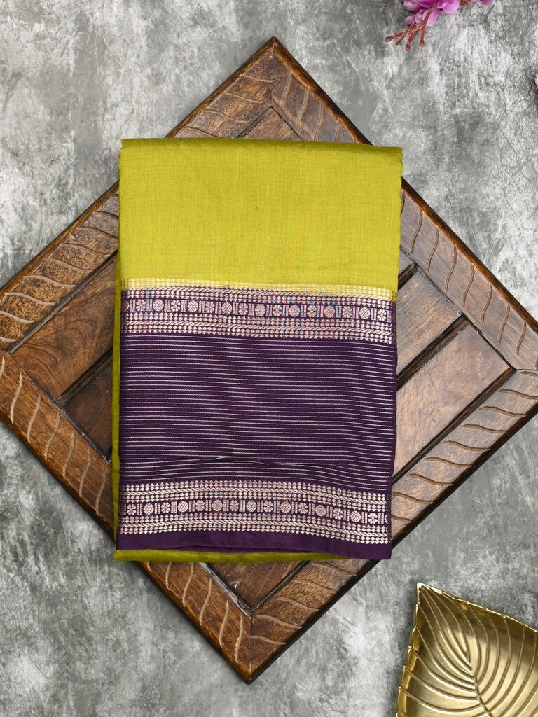 Maheshwari fancy saree lemon yellow color allover plain & zari border with zari pallu and contrast plain blouse