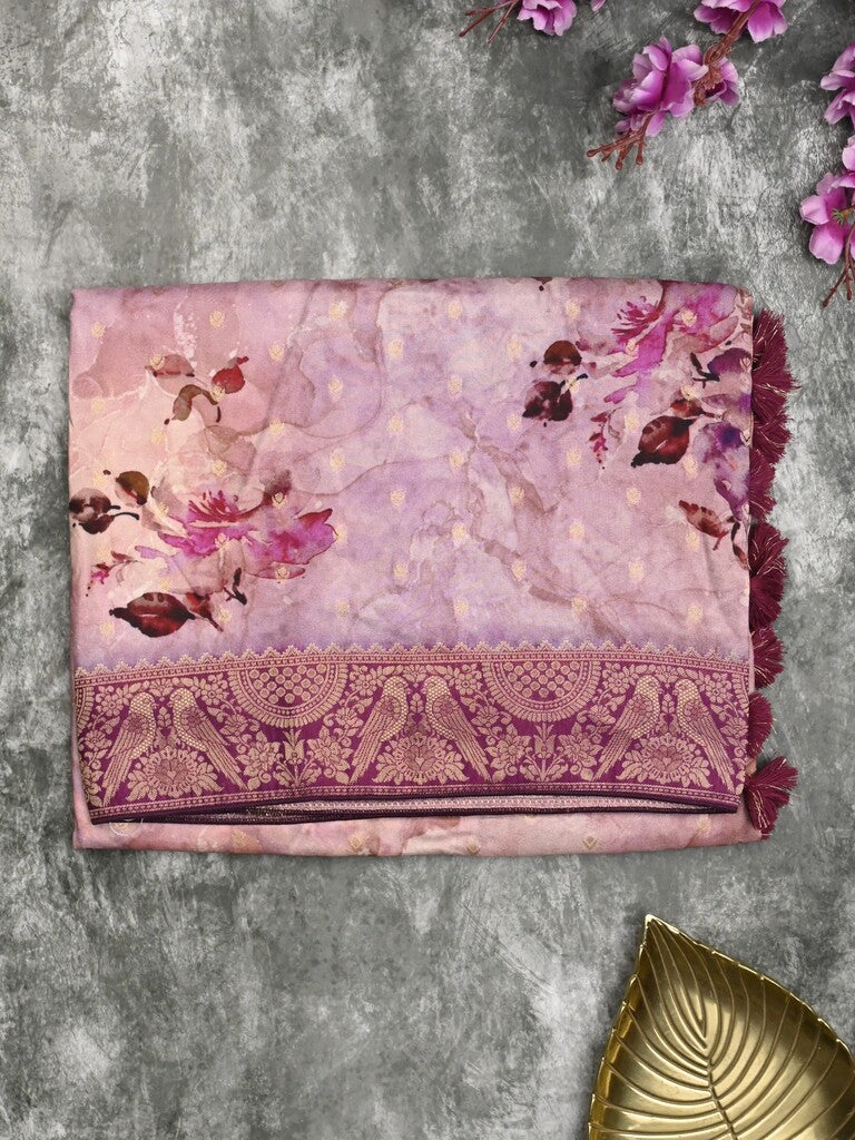 Dola silk fancy saree pastel purple color allover prints & zari border with rich pallu and contrast plain blouse