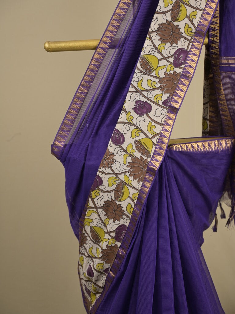 Mangalagiri cotton saree in royal blue color with kalamkari border and zari pallu & kalamkari blouse