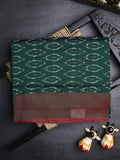 Ikkath cotton saree dark green color allover weaves and small kaddi border with contrast pallu