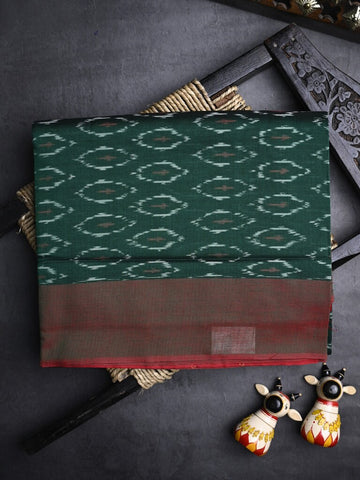 Ikkath cotton saree dark green color allover weaves and small kaddi border with contrast pallu