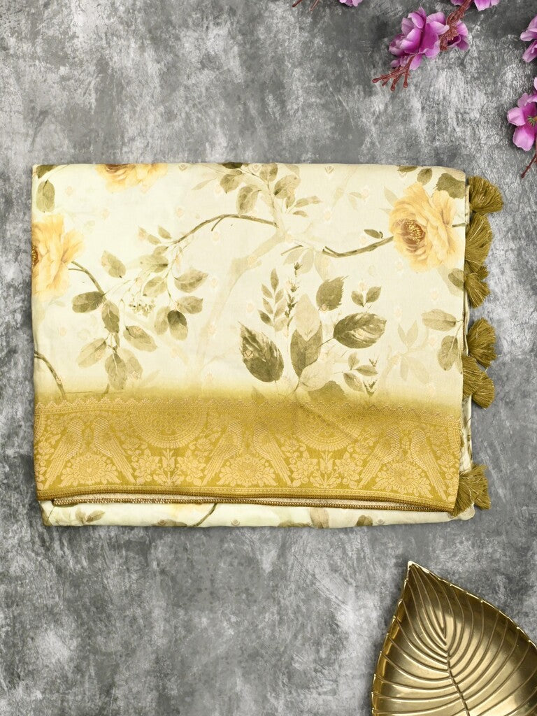 Dola silk fancy saree light cream color allover prints & zari border with rich pallu and contrast plain blouse