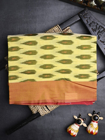 Ikkath cotton saree light yellow color allover weaves and small kaddi border with contrast pallu