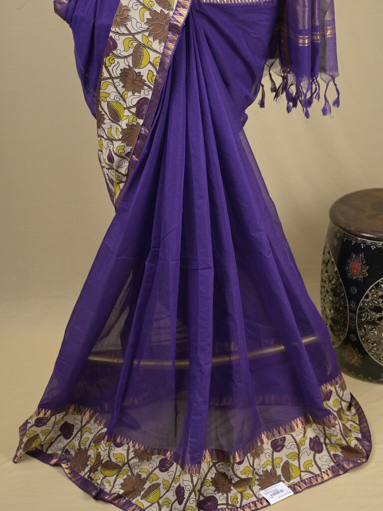 Mangalagiri cotton saree in royal blue color with kalamkari border and zari pallu & kalamkari blouse