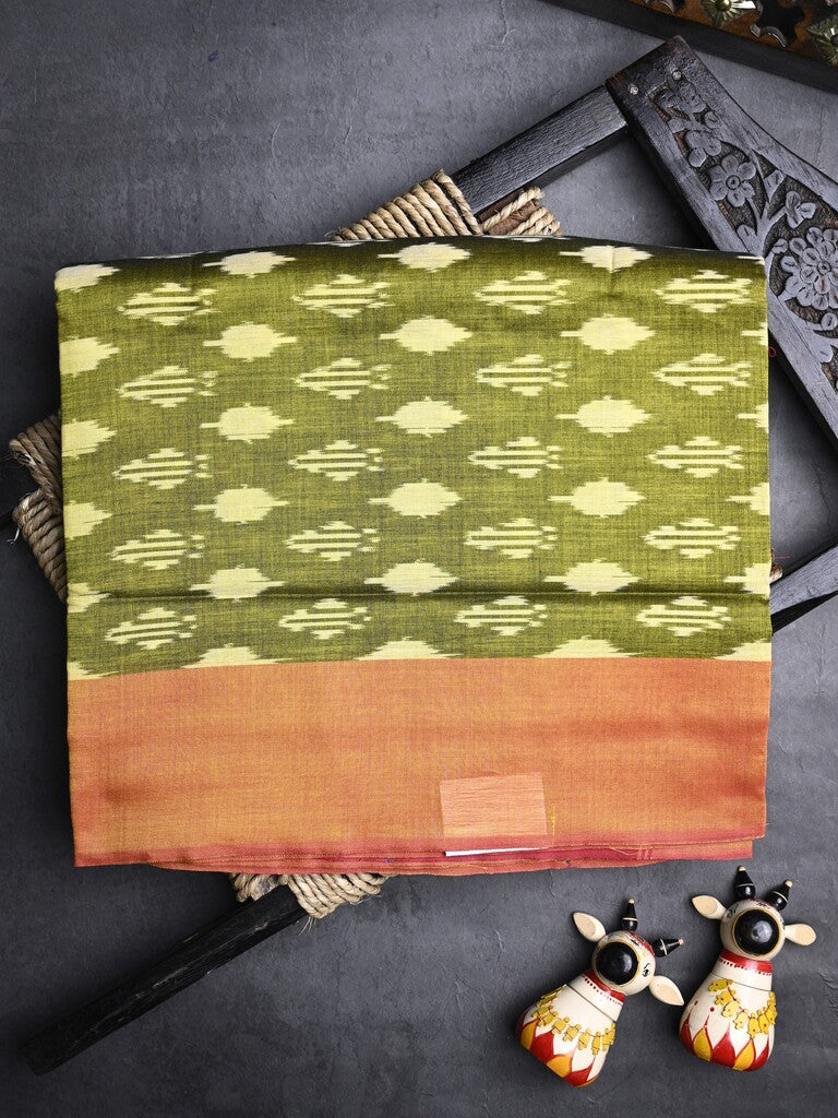 Ikkath cotton saree olive green color allover weaves and small kaddi border with contrast pallu