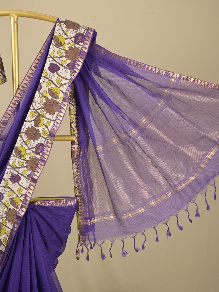 Mangalagiri cotton saree in royal blue color with kalamkari border and zari pallu & kalamkari blouse