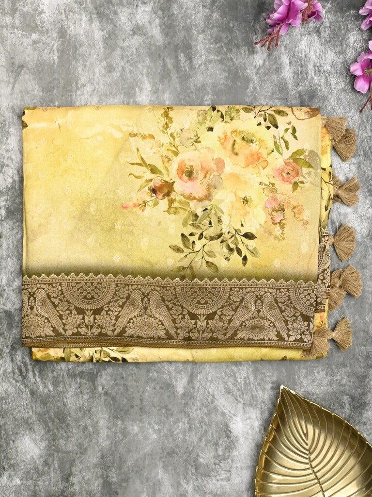 Dola silk fancy saree light yellow color allover prints & zari border with rich pallu and contrast plain blouse