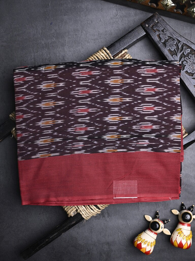 Ikkath cotton saree dark wine color allover weaves and small kaddi border with contrast pallu