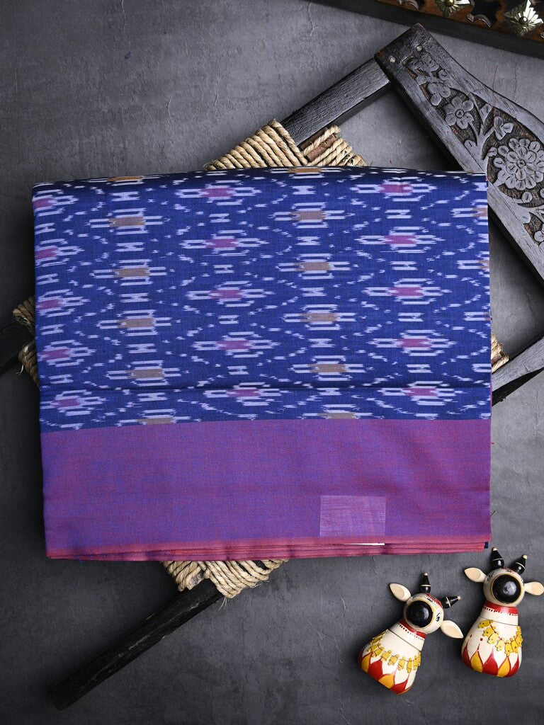 Ikkath cotton saree royal blue color allover weaves and small kaddi border with contrast pallu