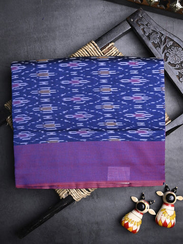 Ikkath cotton saree royal blue color allover weaves and small kaddi border with contrast pallu