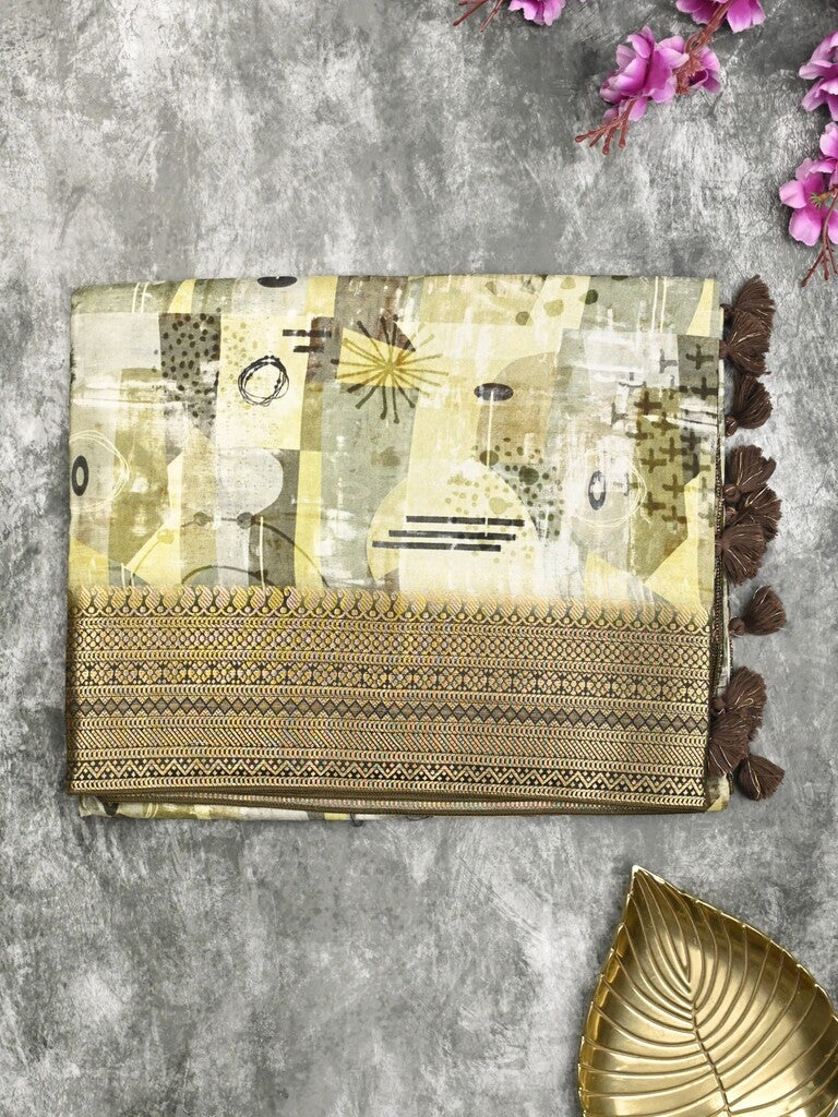 Dola silk fancy saree cream color allover prints & zari border with rich pallu and contrast plain blouse