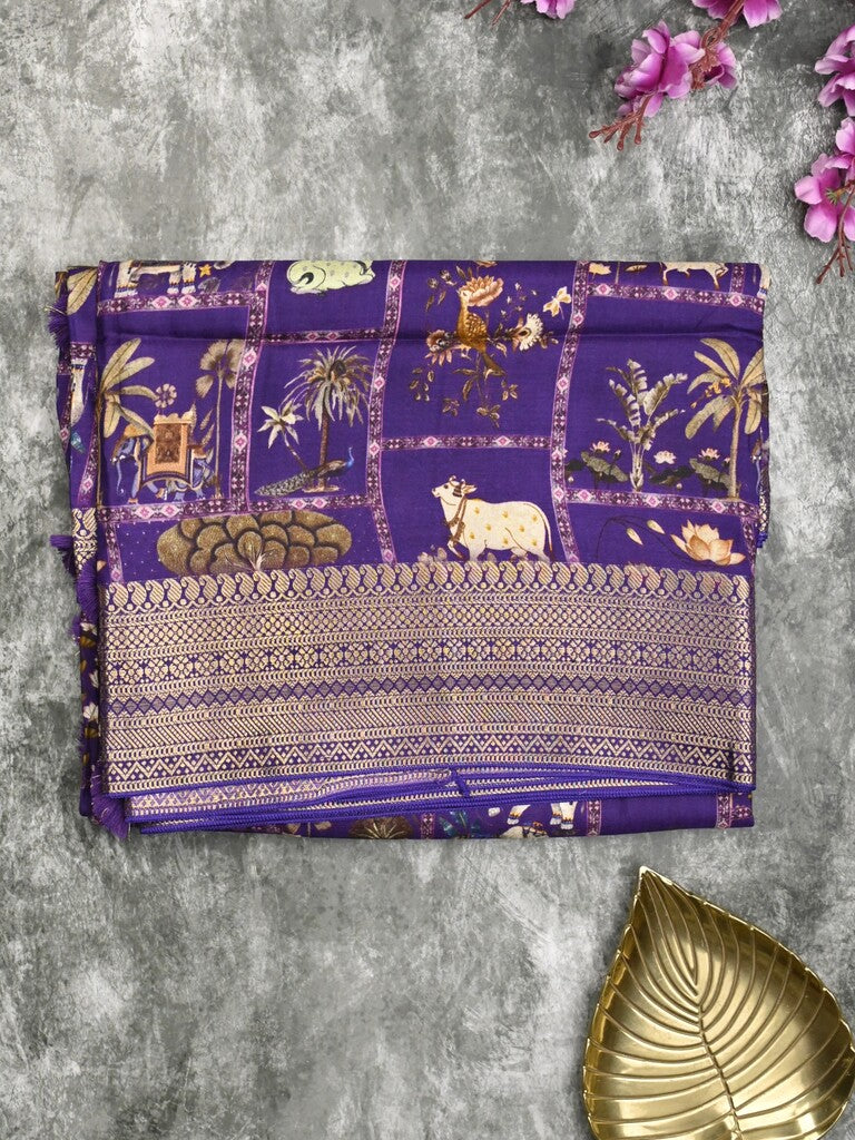 Dola silk fancy saree violet color allover prints & zari border with rich pallu and contrast plain blouse